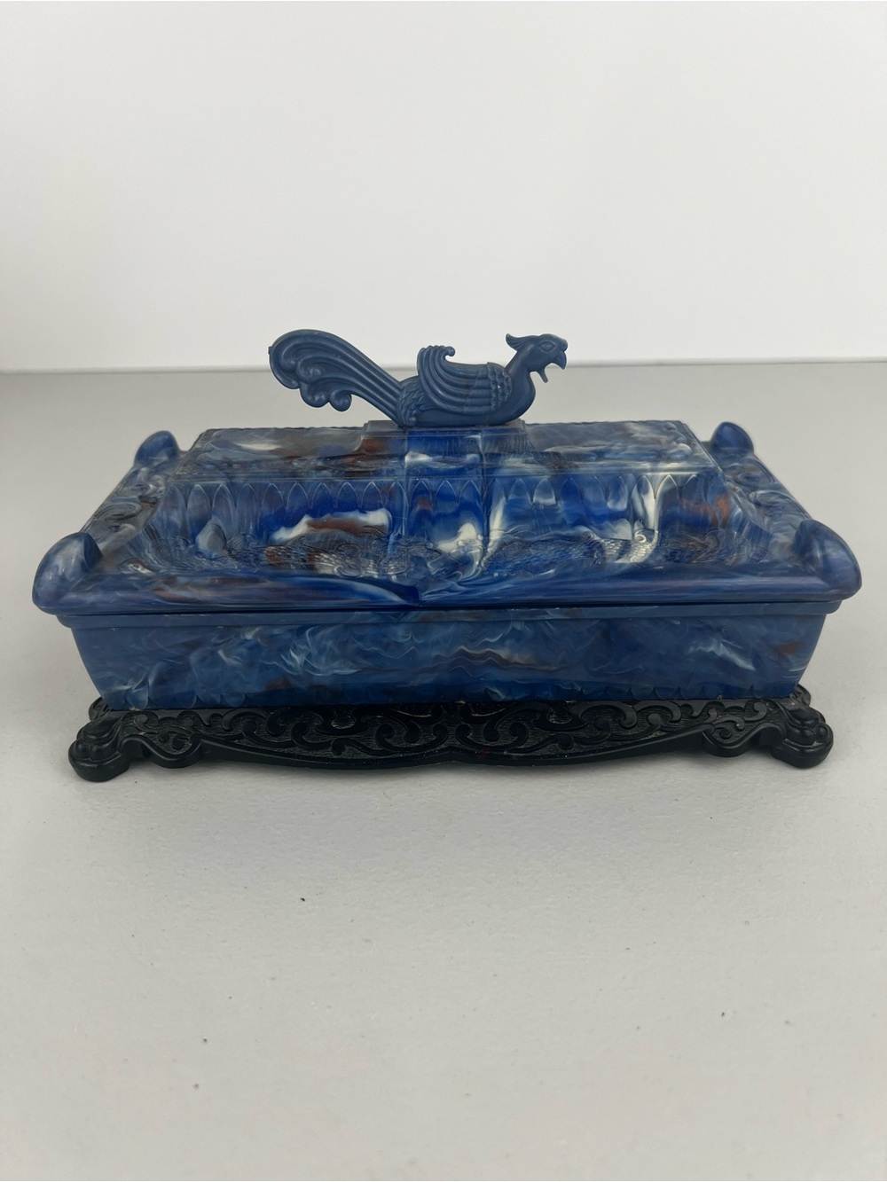 Vintage 1930s Art Deco Ivoris Blue Marbled Celluloid Jewelry Box w/Lid & Inserts
